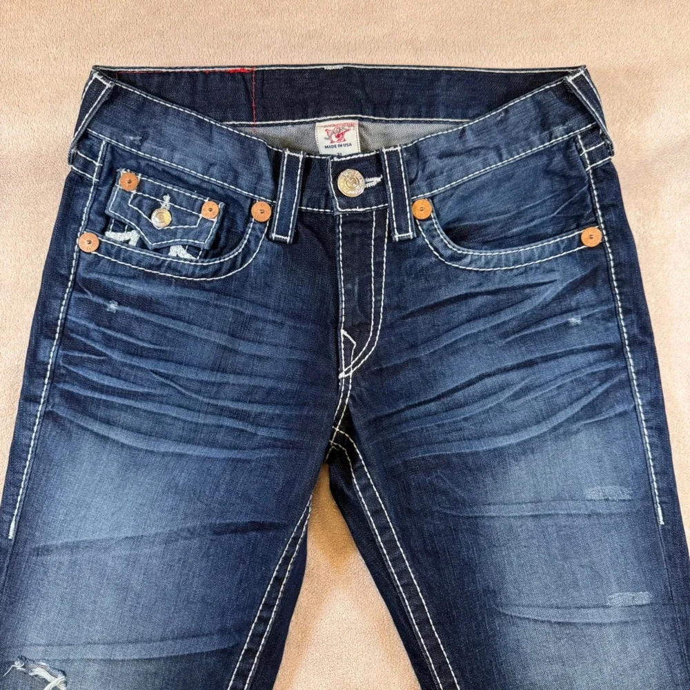 True Religion Rainbow Ricky Straight Dark Super Thick Stitch Denim Jeans 31x31